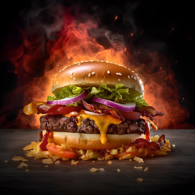 Powerful explosion of double cheeseburger photography for commercial food photography and illustration