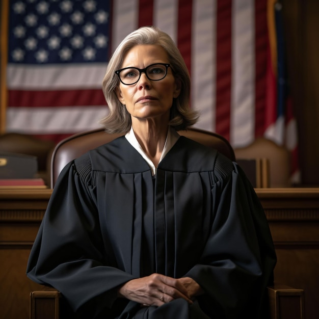 A powerful female judge presiding over a courtroom in her robes