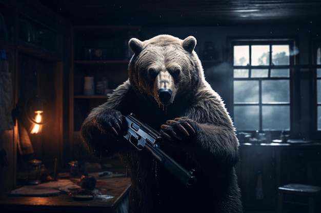 Мощный и свирепый медведь с ружьем в рукахВдохновляющий генеративный ИИ Стоковое Изображение