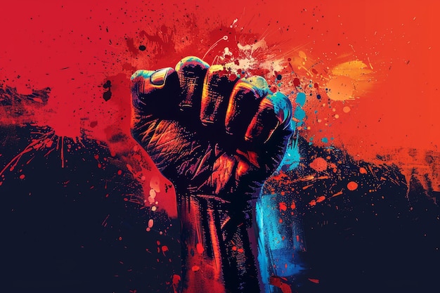 Powerful fist of resistance and revolution on grungy background concept of protest freedom fight and social justice movement