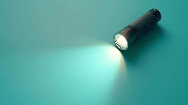 Photo a powerful flashlight is turned on casting a bright beam of light into the darkness the flashlight is made of metal and has a textured grip