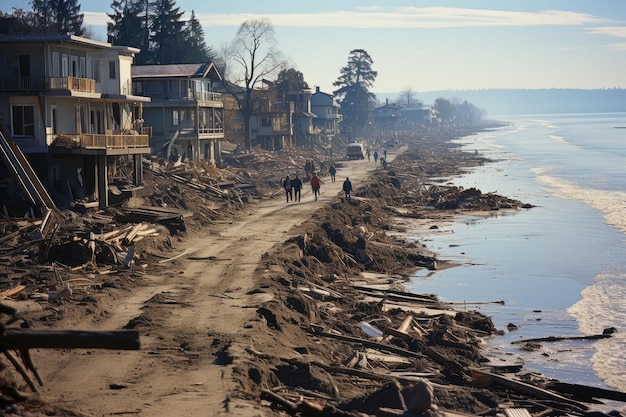 쓰나미의 강력한 힘은 해안 지역을 쓸고 건물, 풍경, 지역 사회에 파괴를 가져왔다.