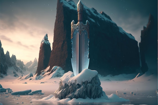 Powerful frozen sword stuck in stone at winter landscape on background