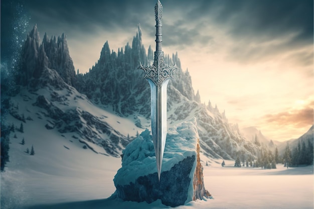 Powerful frozen sword stuck in stone at winter landscape on background