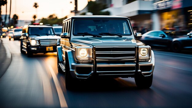 Powerful German Luxury SUV speed in motion in urban street golden hour in california panning shot LA