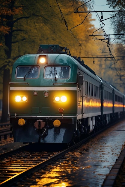 a powerful green diesel locomotive m pulls a freight train along the tracks of a railway station