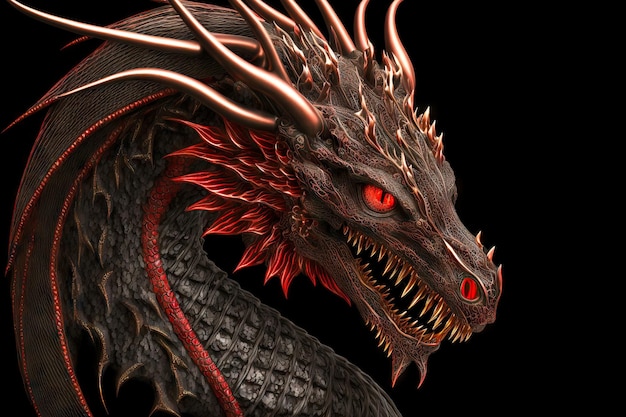 Powerful head of mythical red dragons with glowing eyes