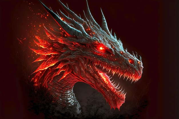 Powerful head of mythical red dragons with glowing eyes