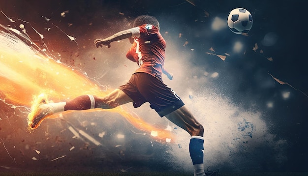 Powerful hit ball with fire trail effect of soccer player at football game strong soccer ball kicking