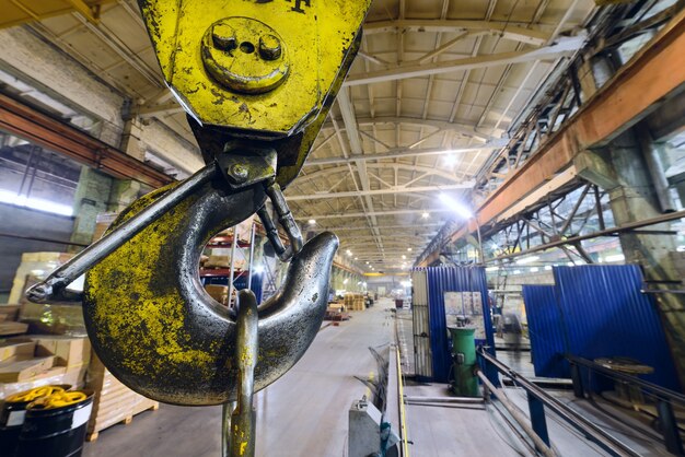 Powerful hook crane close-up. Against the background of the industrial plant. Industrial background.