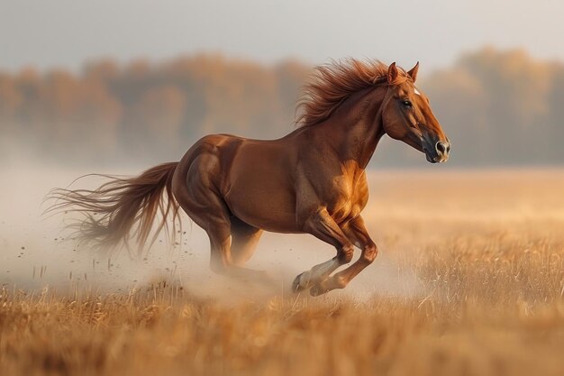 A powerful horse gallops across the field its mane and tail flowing in the wind