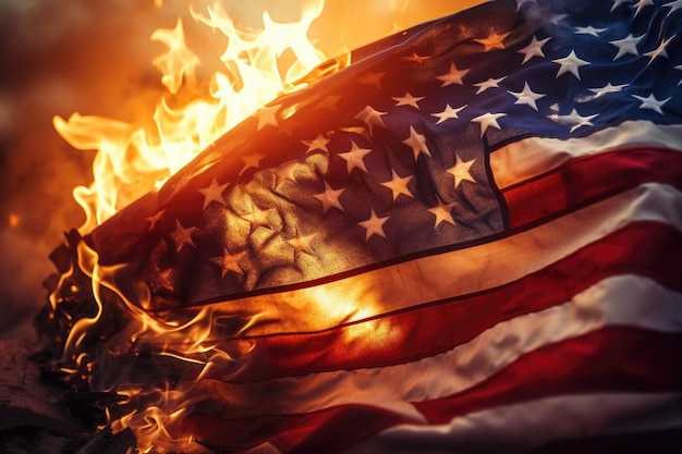 Photo a powerful image of an american flag set on fire with flames in the background this image can be used to depict protest political unrest or controversial topics