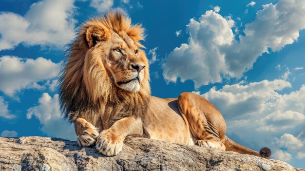 Foto un'immagine potente che cattura un leone maschio in riposo sulla cima di una roccia che irradia l'autorità reale