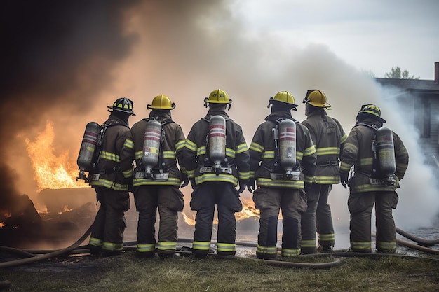 コミュニティを守るために働く消防士の勇気と強さを示す力強いイメージ ジェネレーティブ AI の背面図