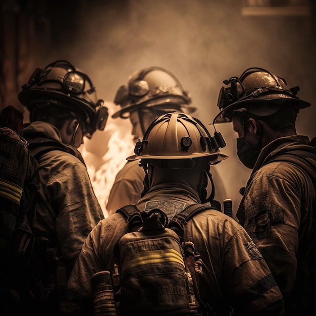 A powerful image of firefighters battling a fire together demonstrating their bravery and strength as they work to protect their community Generative AI Back view