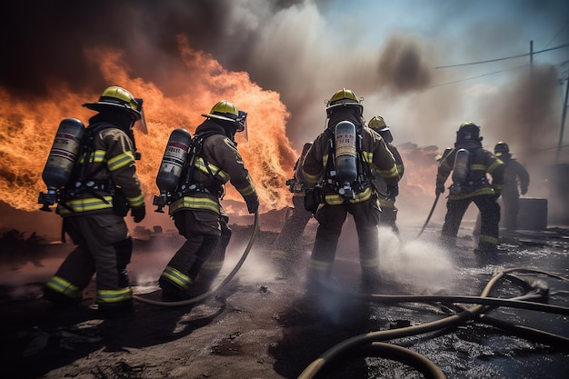 A powerful image of firefighters battling a fire together demonstrating their bravery and strength as they work to protect their community Generative AI Back view