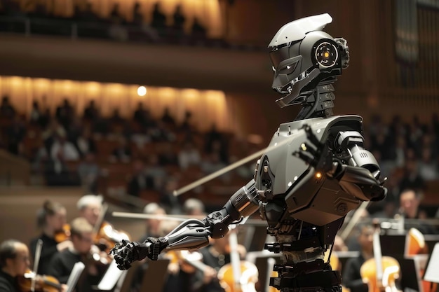 A powerful image of a robot conductor leading an orchestra in a flawless performance