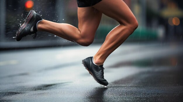 A powerful image of a runner's legs pounding the pavement during a rainy day