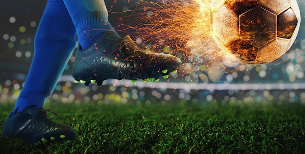 Photo powerful kick of a soccer player with fiery ball