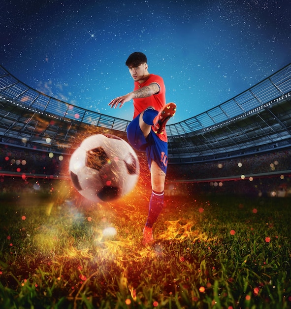 Photo powerful kick of a soccer player with fiery ball