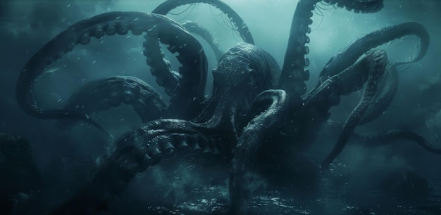 A powerful kraken roams the dark depths its slick body glistening under the soft beams of light