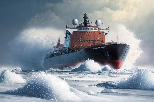 Powerful large tanker with icebreaker goes along coast on steamer