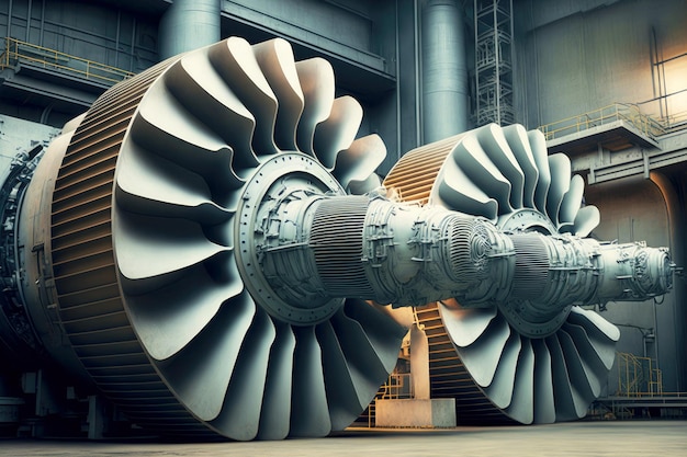 Photo powerful large turbines of nuclear reactor at nuclear power plant