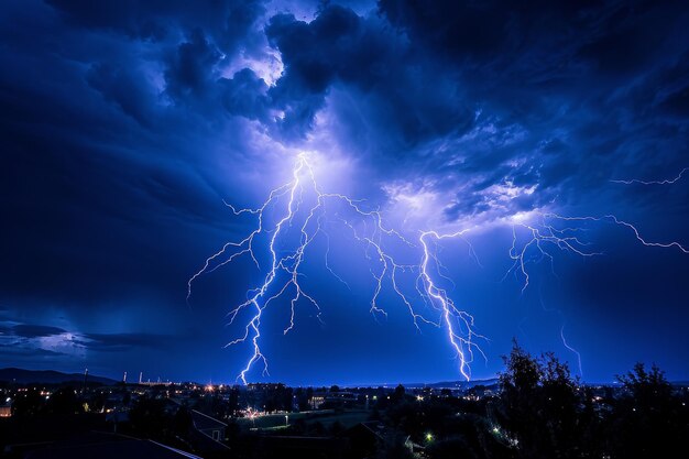 Foto una potente tempesta di fulmini illumina l'orizzonte della città di notte creando un'atmosfera drammatica e intensa strie di fulmini attraverso un cielo buio e tempestoso generato dall'ai