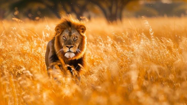 Foto un potente leone che vaga attraverso l'erba alta della savana la sua pelliccia dorata che brilla alla luce del sole illustrazione generata dall'ai
