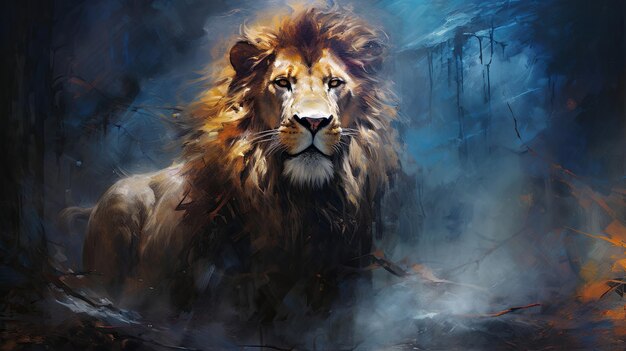 Powerful lion regal and majestic embellished with vibrant painting strokes and graffiti goldenmaned