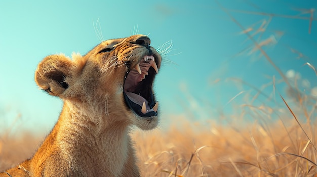 A powerful lioness roaring in the wild her expression fierce against the backdrop of golden grass