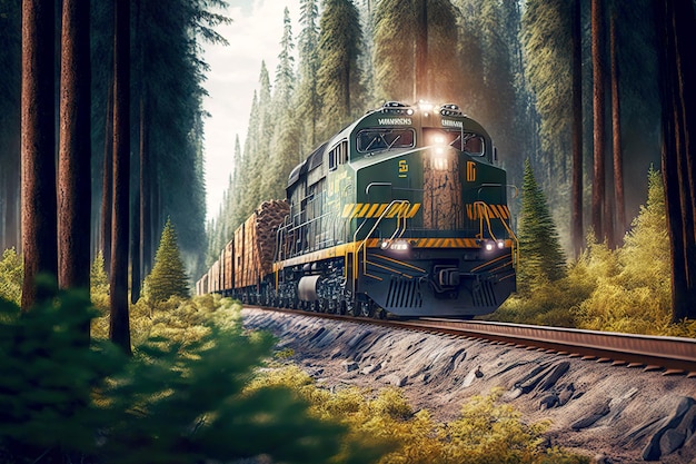 Powerful locomotive pulls cargo train with loaded wagons along forest and trees