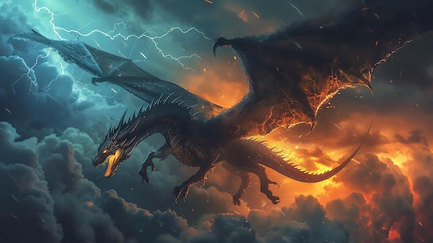 Photo a powerful and majestic dragon soars through a stormy sky the dragons scales are black as night and its eyes are like burning embers