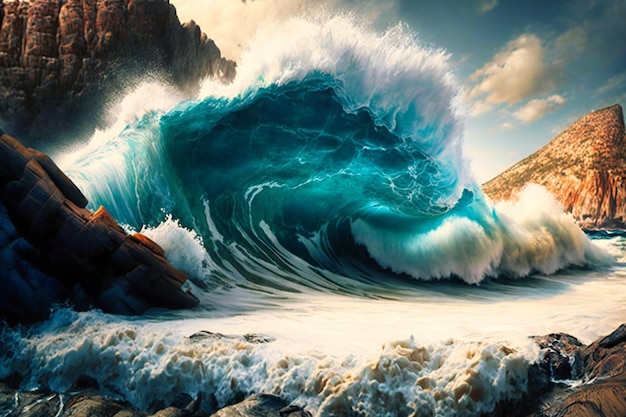 Powerful and majestic ocean waves crashing against rocky cliffs and sandy beaches