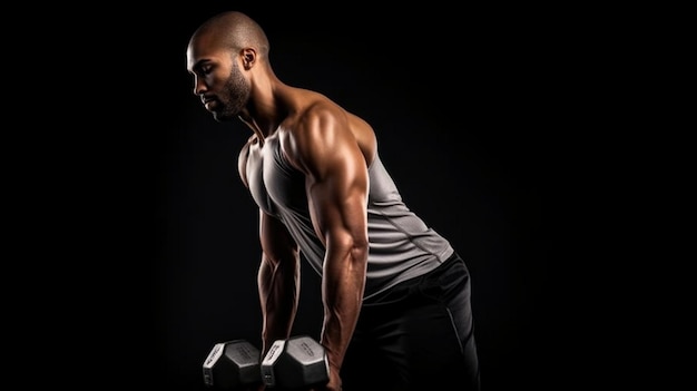 Photo powerful man doing the exercises with dumbbells