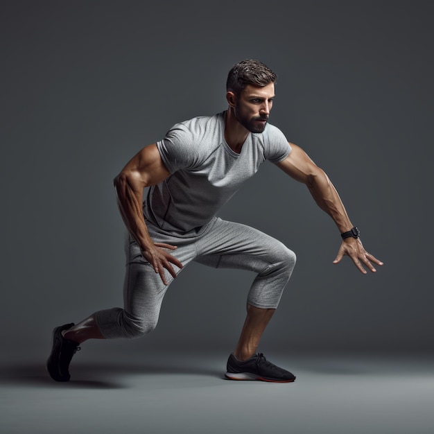 Photo powerful man transforming his body in a grey background workout