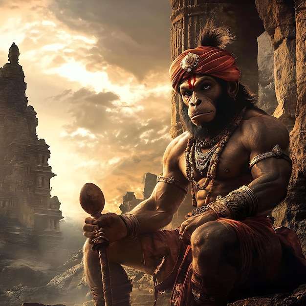 powerful monkey king with staff ancient ruins and dramatic sunset