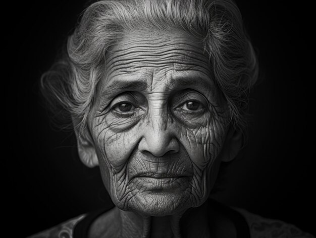 A powerful monochrome portrait of an elderly woman with expressive wrinkles