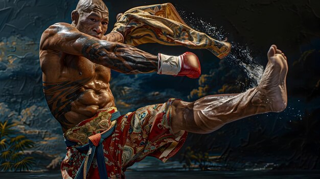 Photo powerful muay thai roundhouse kick in impressionist thai art style
