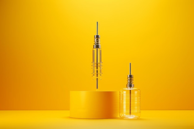 The powerful pair syringe and ampoule takes center stage on yellow background embracing the vacci