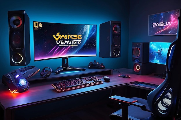 Powerful personal Computer gamer pc setup cozy room with modern design neon light