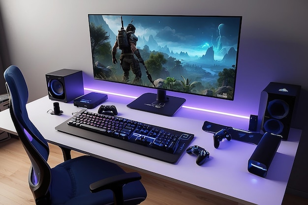 Powerful personal Computer gamer pc setup cozy room with modern design neon light