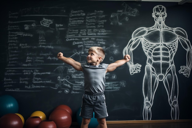 Foto i potenti muscoli del fenomeno pintsized disegnati sulla lavagna in una scuola elementare