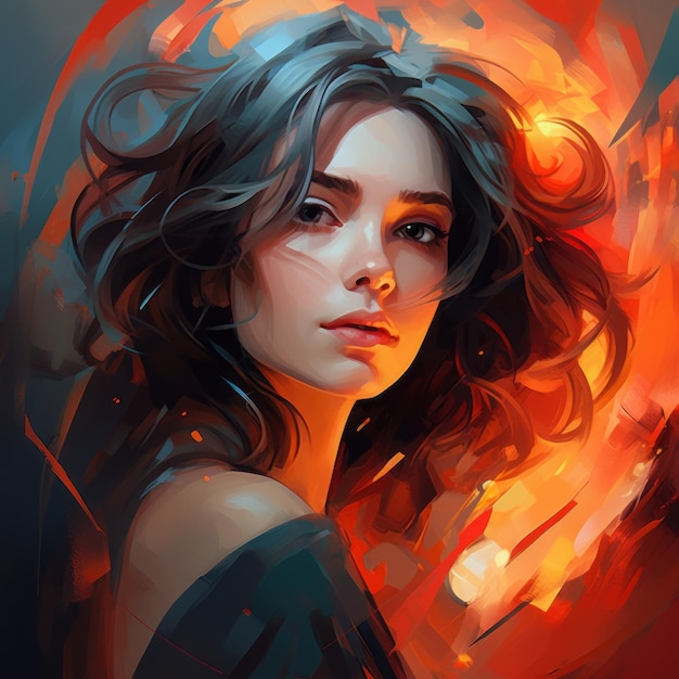 Powerful Portraits Girl Art Fire Digital Painting With Brushstrokes