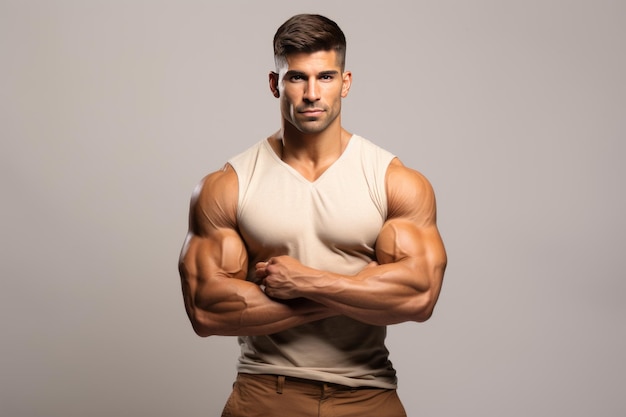 Photo powerful pose a handsome bodybuilder commanding attention with arms crossed on white background