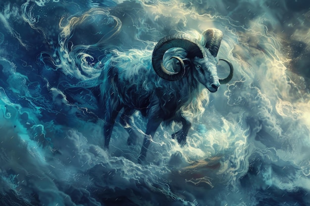 A powerful ram symbolizing the zodiac sign Aries stands in the midst of a raging storm