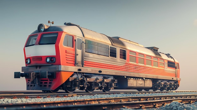 Мощный красный и серый дизельный локомотив работает на рельсах в раннем утреннем свете