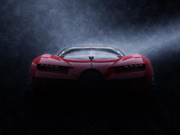 雨のフロントビューで強力な赤いスーパーレースカー