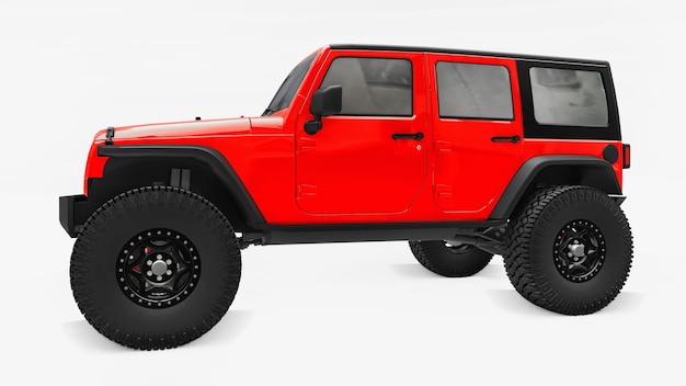 Powerful red tuned SUV for expeditions in mountains, swamps, desert and any rough terrain. Big wheels, lift suspension for steep obstacles. 3d rendering.