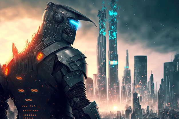 未来都市生成 ai の背景に強力なロボット泥棒